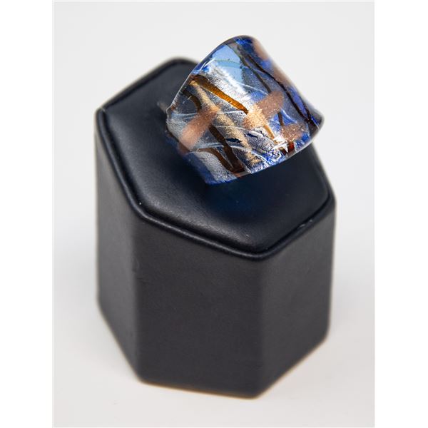 MURANO GLASS RING, BLUE WITH METALLIC HIGHLIGHTS,