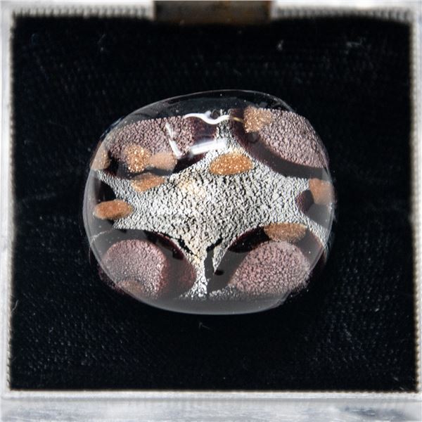 MURANO GLASS RING, BLACK WITH METALLIC SILVER &