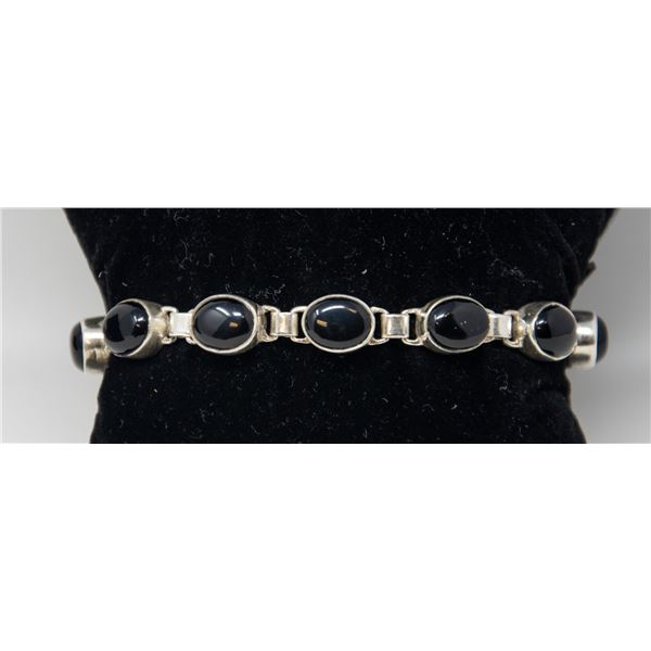 SILVER BRACELET WITH BLACK STONES,  7.5"
