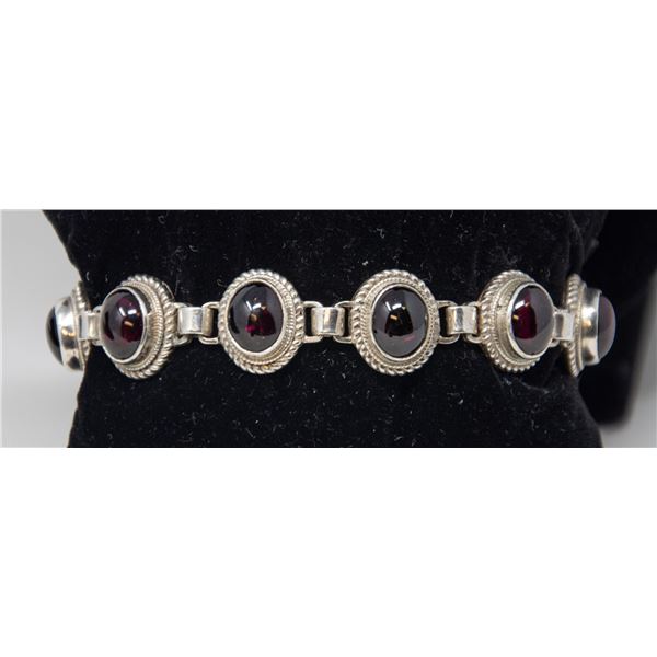 SILVER BRACELET WITH CRANBERRY STONES, 7"