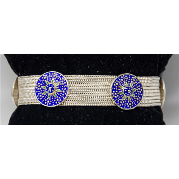 SILVER BRACELET WITH BLUE MEDALLIONS, 7"
