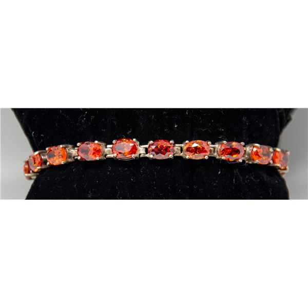 SILVER BRACELET WITH SMALL ORANGE STONES, 7"