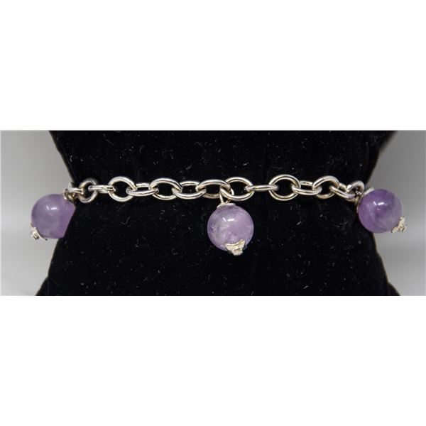 SILVER CHAIN BRACELET WITH MAUVE BALLS 7"