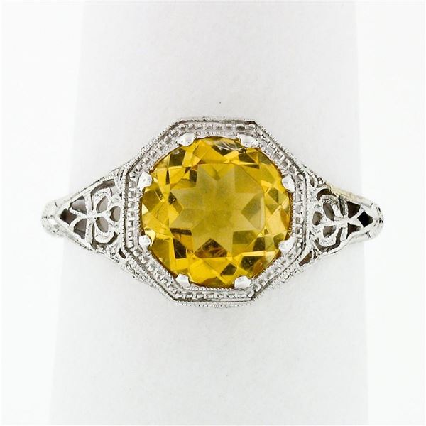 14k White Gold 1.80 ctw Fine Filigree & Milgrain Work Citrine Solitaire Ring