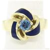 Image 4 : Vintage 14K Yellow Gold FINE Aquamarine & Blue Enamel Trinity Knot Cocktail Ring