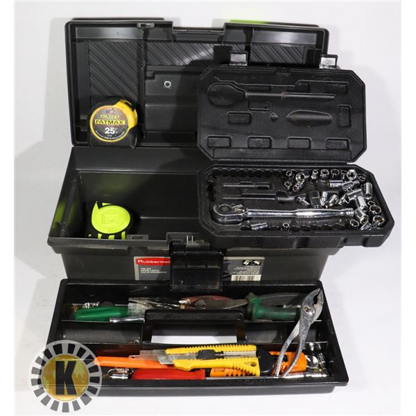 RUBBERMAID TOOLBOX WITH TRAY FULL OF TOOLS
