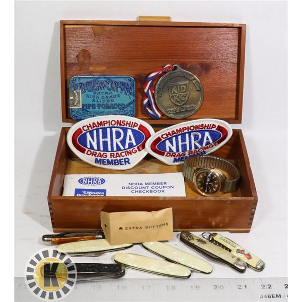 WOOD JEWELRY BOX FULL OF COLLECTIBLES INCLUDING