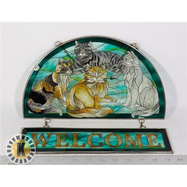 CAT STAINED GLASS WELCOME BANNER