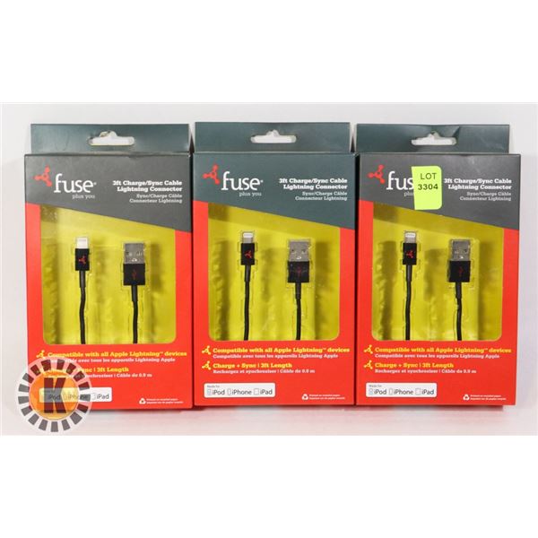 LOT OF THREE LIGHTENING CHARGE/SYNC CABLES