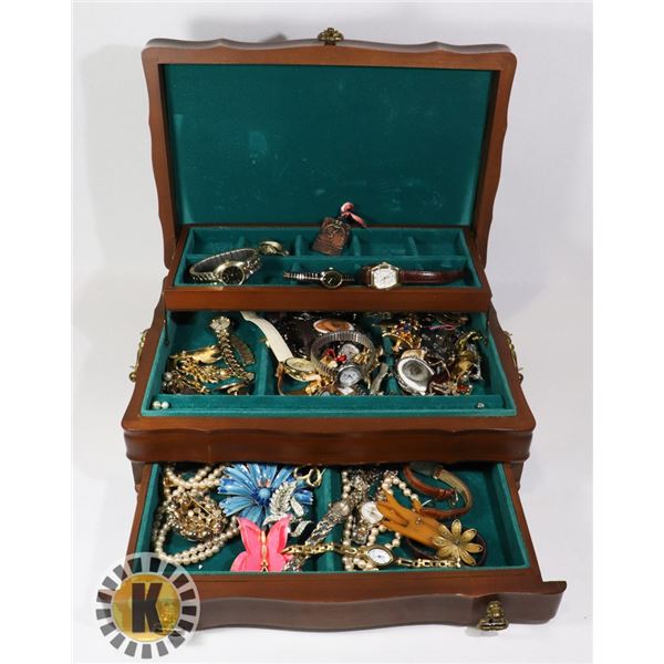 ESTATE WOOD JEWELRY BOX FULL OF ASSORTED