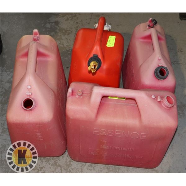 4 ESTATE GAS CANS  (SOME MISSING LIDS)