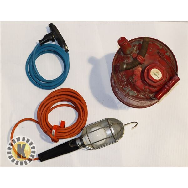 TROUBLE LIGHTS, EXTENSION CABLE & VINTAGE GAS CAN