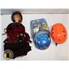 Image 1 : BOX OF DOLL  AND TOY STORY HELMET AND  KNEE PADS