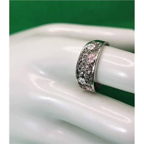 6)  SILVER TONE WITH CLEAR CZ AND PINK AND