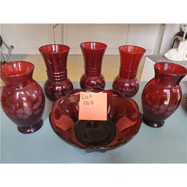 Antique Vase & Decorative Dish Collection in Red Glass