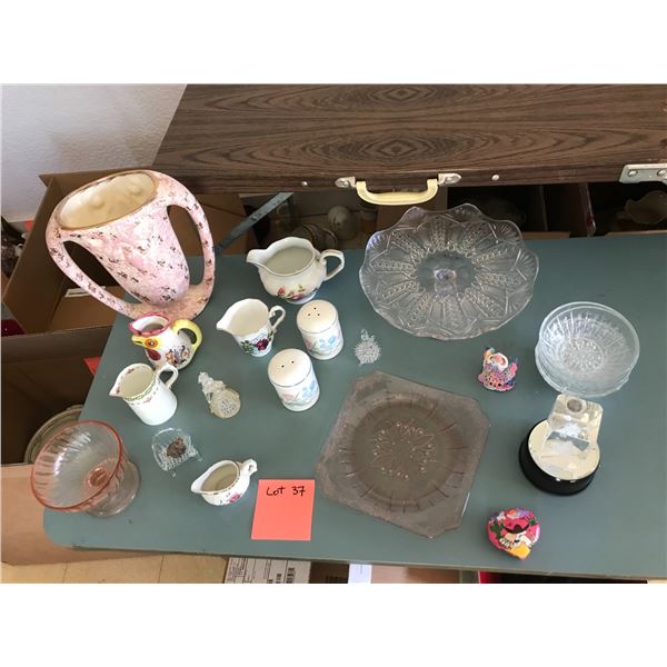 Pink & Gold Vase, Pink Compote, Indian Chief Cube & Assorted China