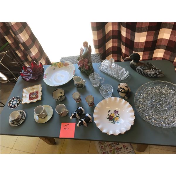 Mickey Mouse Dishes, Bird Figurine, Cow Salt & Pepper Shakers, Wood Panda, Crystal & Plates