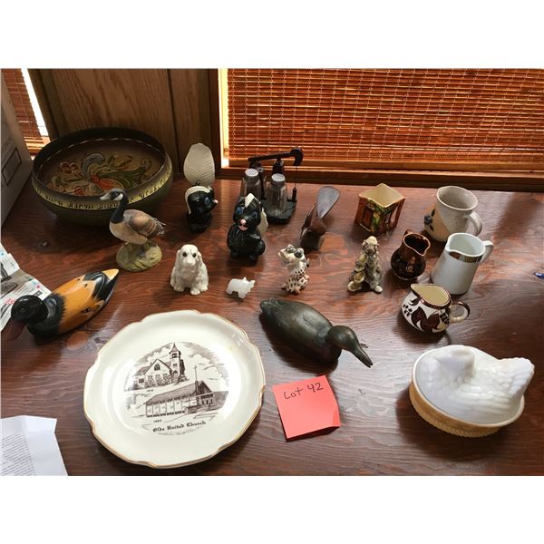 Rooster Dish, China Skunks, Assorted Duck, Puppy & Elephant Figurines