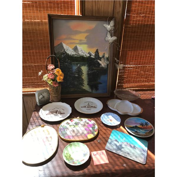 Butterfly Chime, Dusk Mountain Painting, Westclox Alarm Clock & Misc Home Decor
