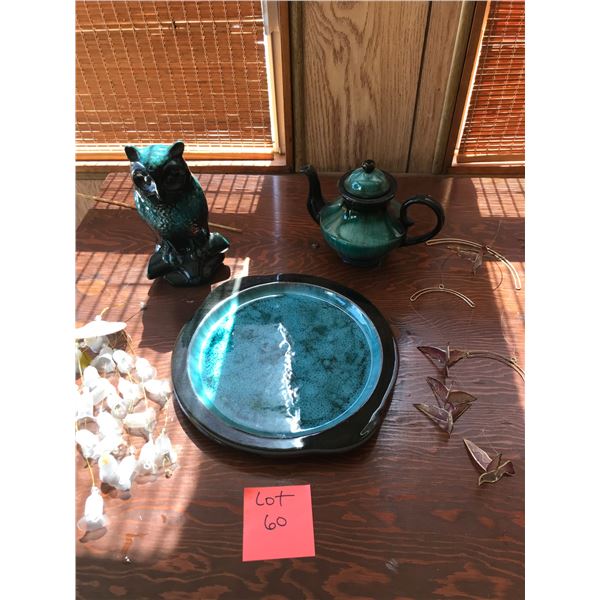 Blue Mountain Pottery - Owl, Teapot, Plate & Wind Chimes
