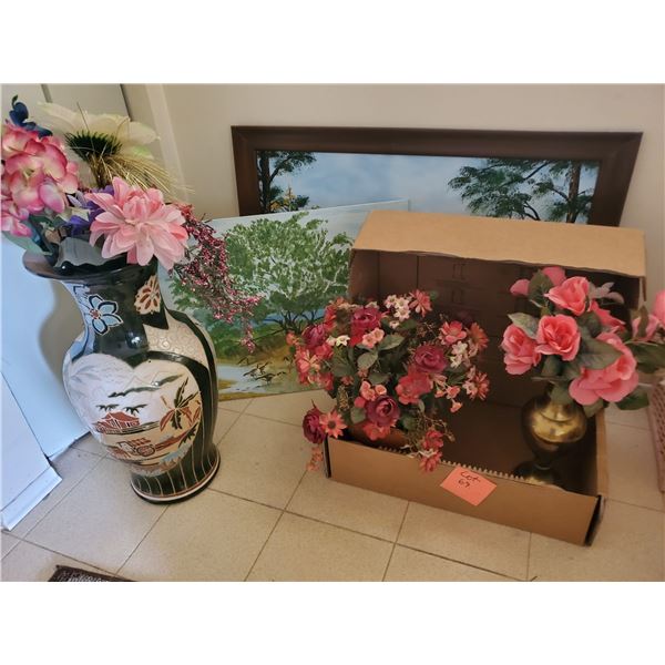 Silk Flowers, Large Ceramic Vase & Painting