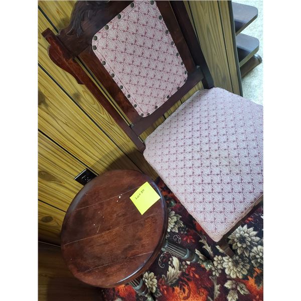 Vintage Wood Chair with Pink Upholstery & Antiques Stool w Claw Feet