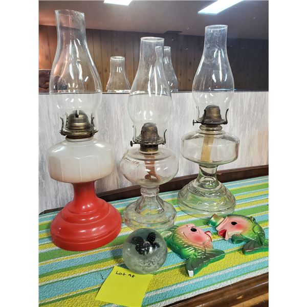 Oil Lamps, Floral Paper Weight, & Fish Wall Decor