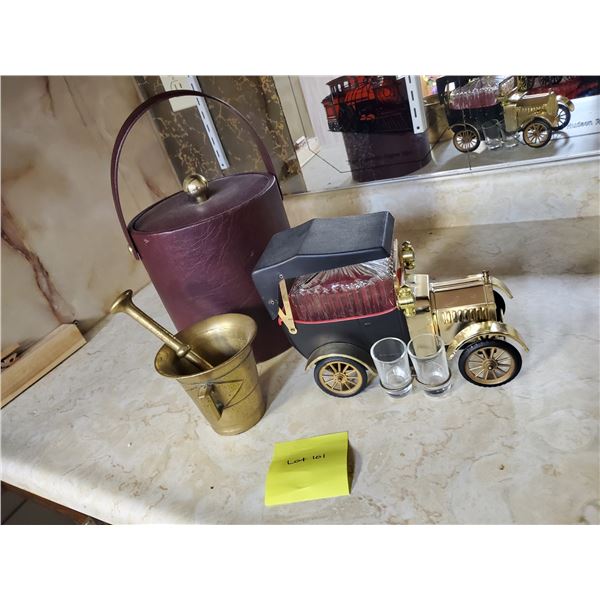 Barware - Ice Bucket, Vintage Car/Shotglasses & Brass Muddler