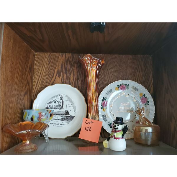 Iridescent Carnival Glass, Assorted China & Snowman Ornament