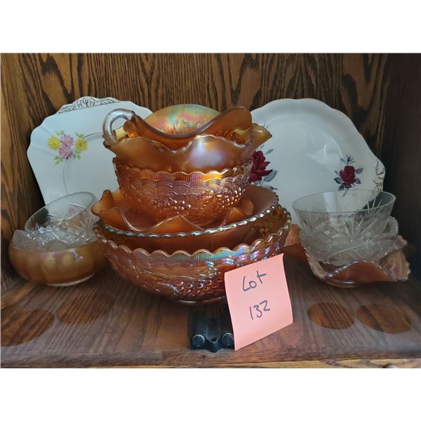 Marigold Carnival Glass & Assorted Crystal & China