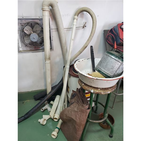 Shop Vac, Spill Tray, Gas Can, Tarp & Shop Stool