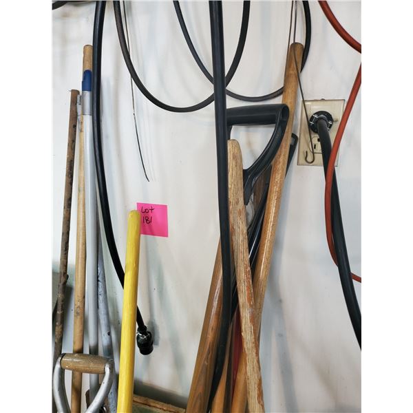 Push Broom, Pry Bars, Axe, Hoe, Mops, Trouble Light & Gardening Tools