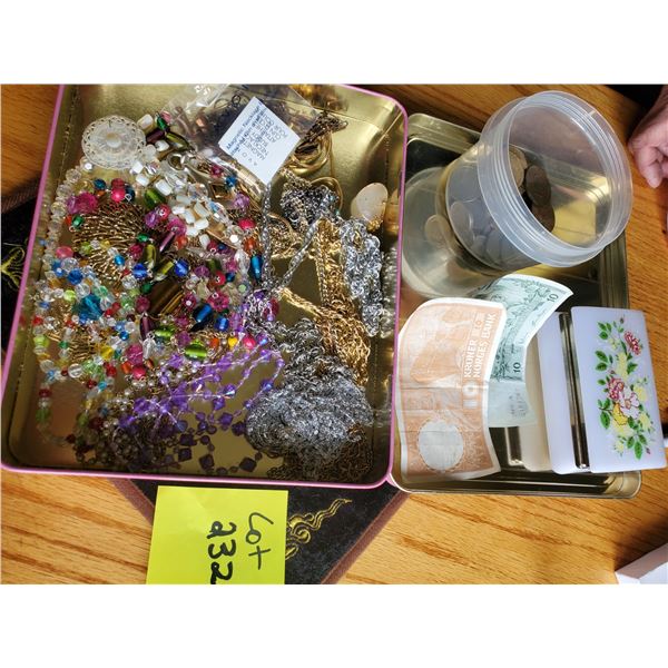 Foreign Coins, Bills, Floral Trinket Box, Fashion Jewellery