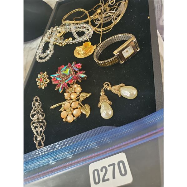 Assorted Jewelry- Vintage costume watch, earrings, necklaces, brooches
