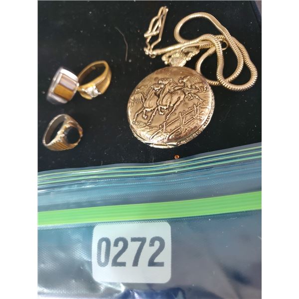 Vintage Pocket Watch, Rings, Chain