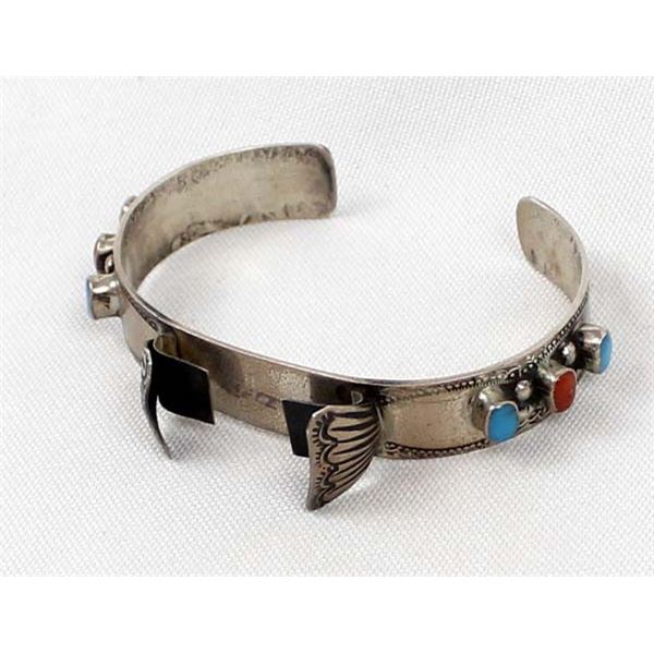 Navajo Sterling Turquoise & Coral Watch Bracelet