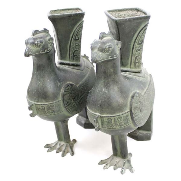 2 Archaistic Chinese Bronze Phoenix Form Vessels