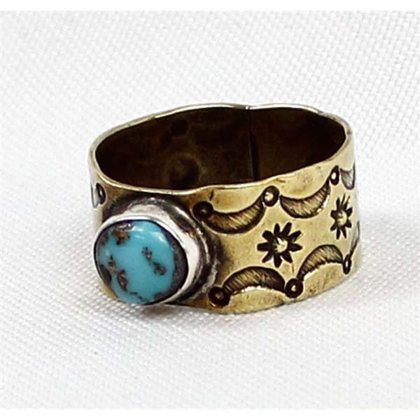 Navajo Old Pawn Brass & Turquoise Ring, Size 10