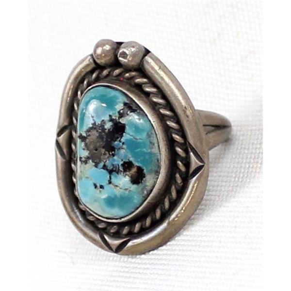 Navajo Old Pawn Sterling Turquoise Ring, Size 4