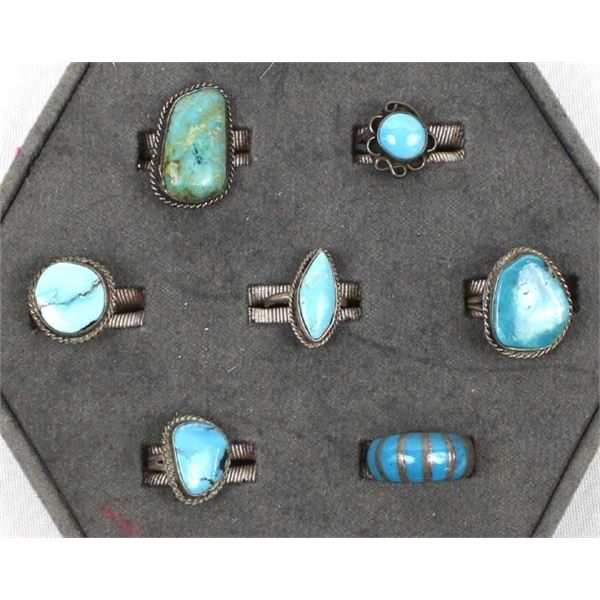 7 Native American Navajo Sterling Turquoise Rings
