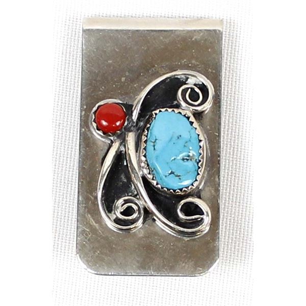 Native American Navajo Turquoise Coral Money Clip