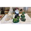 Image 1 : HEAVY CERAMIC LADY FIGURE, WOOD GNOME FIGURE AND 3 FROG FIGURES