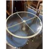 Image 2 : WHITE METAL GLASSTOP DINING TABLE WITH 4 METAL CHAIRS WITH BLUE CUSHIONS - 3 FOOT DIAMETER X 29.5 IN