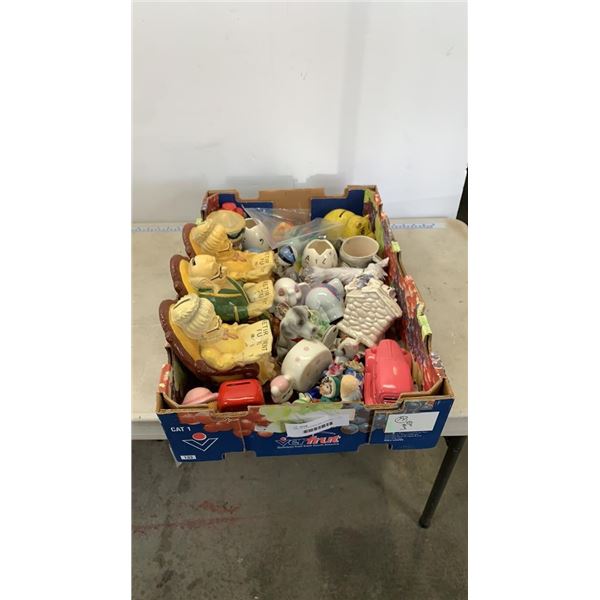 TRAY OF COIN BANKS AND FIGURES