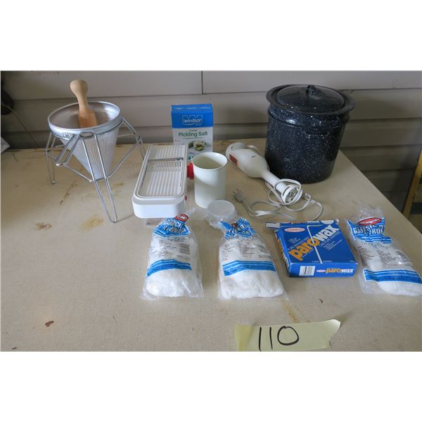 Kitchen Tools- Mandoline, Steaming Pot, Box of Pickling Salt, Strainer, Cheese Clothes X3 and other