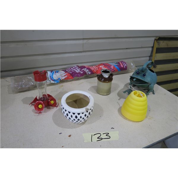 Yard Bundle - 2 Birdfeeders, 1 Watering Frog Jug, 2 Ceramic Jugs, Hooks and Burlap Roll