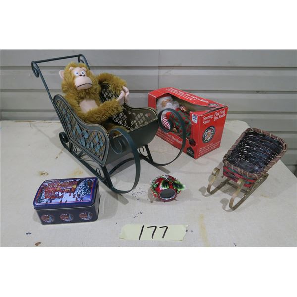 Xmas Items/Decorations - Snoring Santa, Metal Sled, Electronic Picture Ornament, Wicker Sled, Monkey