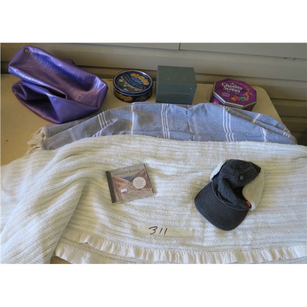 Household Items - Small Insulated Levi's Hat, Blanket, Table Cloth, Exercise Ball, CD and 3X Tins