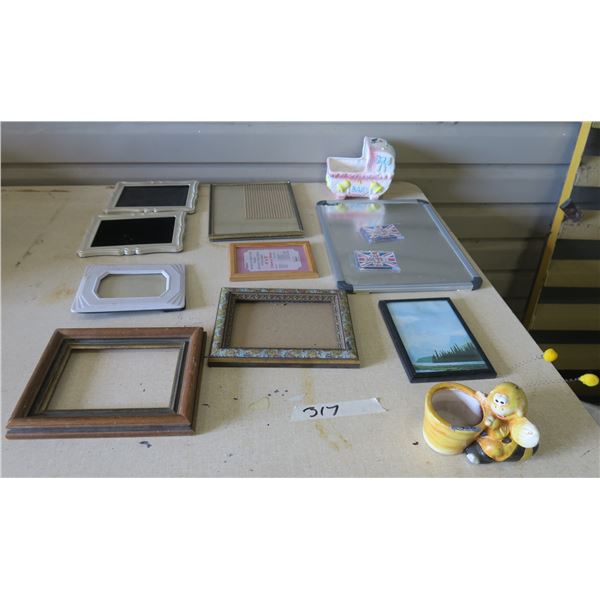 9X Picture Frames and Message Board, Musical Ceramic Baby Carriage and Bee Pott