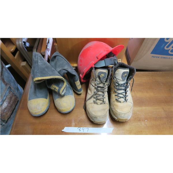 Grander Brand Size 10 Rubber Boots, Nike Manoa Size 12 Shoes and Safety Helmet